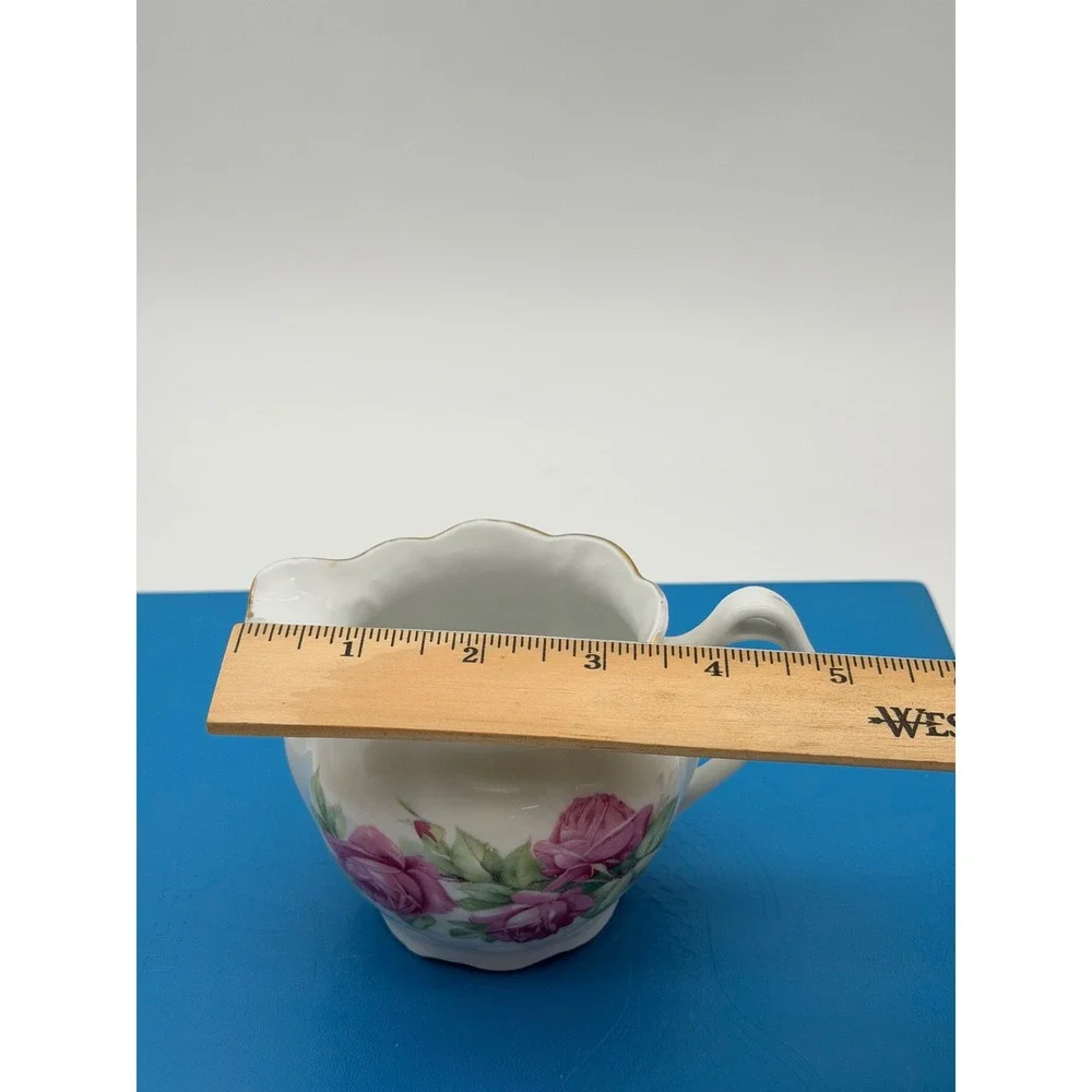 Vintage Germany Porcelain Creamer Pitcher Pink Rose Floral Gold Trim Scalloped